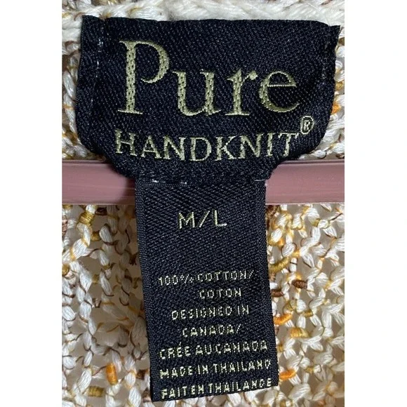 Pure Handknit Tan Cotton Cardigan Sweater M/L Long Button Up Boho Cottage Core - Picture 5 of 8